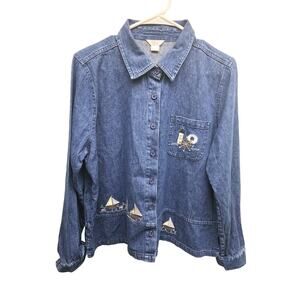 Christopher & Banks Nautical Lighthouse Ship Wheel Life Saver Denim Shacket L